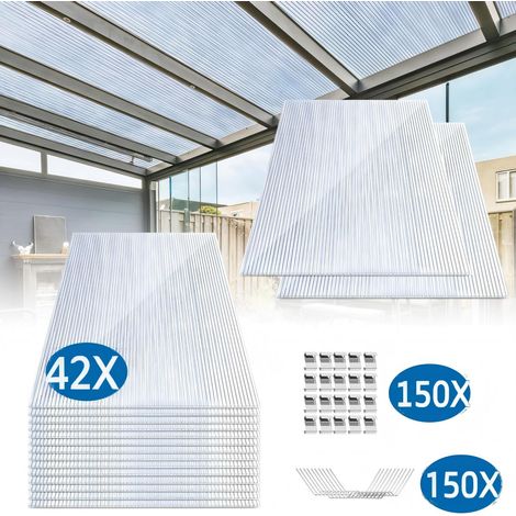 TolleTour 42 placas de policarbonato alveolar transparente de 4 mm, 60,5 x 121 cm, 30,75 m², con 150 clips W y 150 clips Z (1/5)