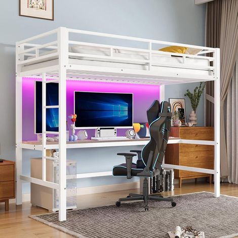 Lit mezzanine - GUTENT - 90x200 cm - Métal blanc - Bureau intégré - Éclairage LED 7 couleurs