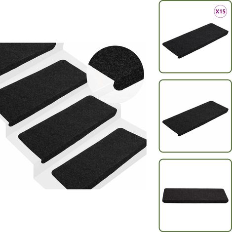 Stufenmatten Selbstklebend 15 Stk. 65x24,5x3,5 cm Schwarz - Treppenmatten - Teppiche Für Treppen - Treppenläufer - Rutschfest - Schwarz (1/5)