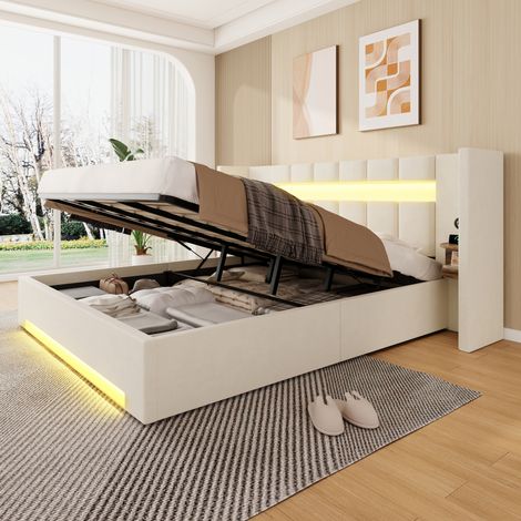 Letto contenitore 180x200 cm beige in velluto con LED, USB e vani laterali (1/5)