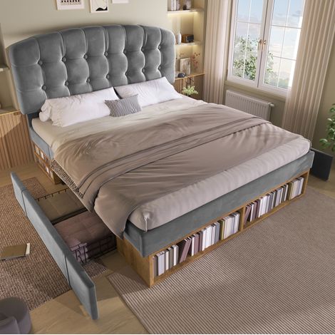 Cama doble 140x190 de terciopelo gris con somier, cabecero ajustable y almacenaje (1/5)