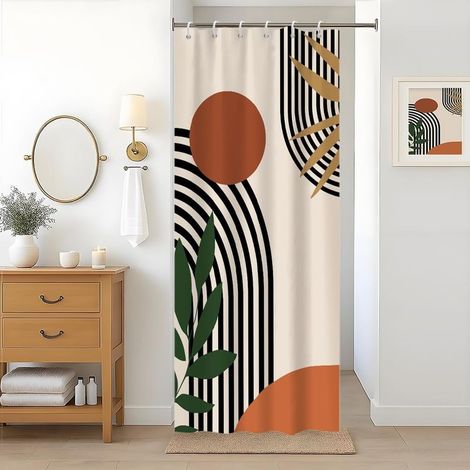 Rideau de douche résistant aux moisissures, terracotta, 90 x 180 cm, tissu lavable étroit — motif abstrait orange style bohème, petit rideau de salle de bain imperméable. (1/5)