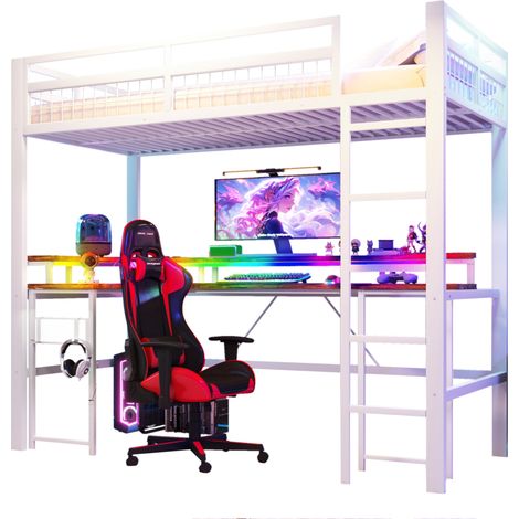 Cama alta 90x200 cm con escritorio, LED RGB regulable por app, puerto USB, Tipo C y 2 enchufes, estructura de metal y MDF, blanca, ideal para estudio y lectura - CHICFURN (1/5)