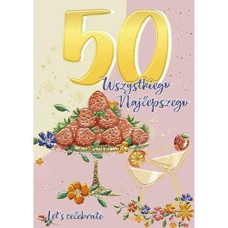 Biglietto d'auguri formato A5 per il 50° compleanno - Piatto di fragole