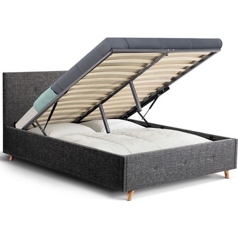 Idmarket – Lit coffre double scandinave LULEA – Tête de lit tissu gris anthracite – Sommier 140 x 190 cm – Coffre de rangement intégré (1/7)