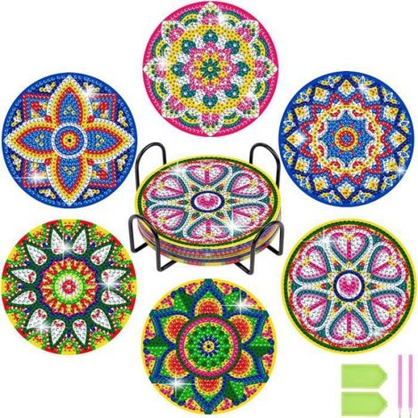 Sous-Verre Peinture Diamant - Acrylique 10 x 10 cm - Motifs Animaux et Mandala - Kit DIY avec Support et Accessoires - 6 Pièces (1/4)