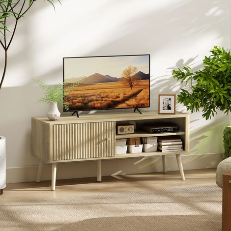 Meuble TV, meuble télé avec placard à porte, compartiments ouverts et étagère réglable, 115x35x49cm, chêne (1/5)