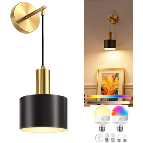 Battery-operated wall light with wireless charging, bulbs and remote control included, suitable for bedrooms, living rooms and hallways - black
