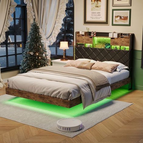 Cama doble 140 x 200 cm con somier - Estructura de cama flotante - cama LED - Cabecero con puertos USB-A y USB-C (1/5)