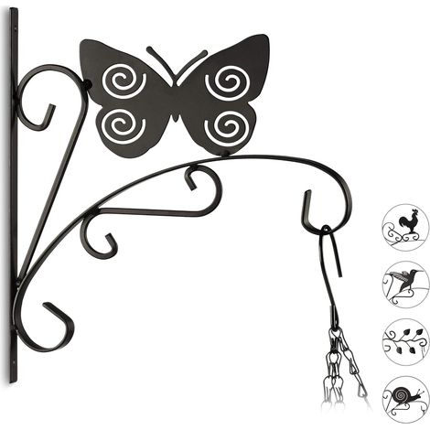 Crochet mural pour plantes papillon suspensions pot de fleurs en métal décoration de jardin HxlxP 30 x 27.5 x 2 cm, noir (1/5)