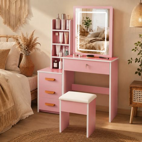Toeletta con specchio 85x34x130 cm in MDF rosa con vani portaoggetti FloraGrace (1/5)