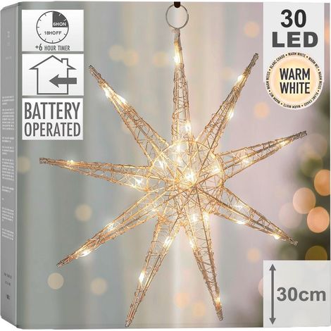 ECD Germany Stella di Natale 30 cm con 30 LED Colore della Luce Bianco Caldo in Metallo Oro Decorazione Natalizia da Appendere con Illuminazione Decorativa Timer per Interno a Batterie (1/5)
