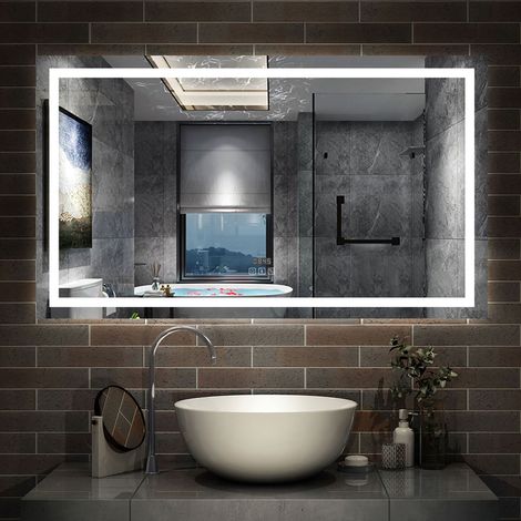 AICA Miroir de salle de bain Lumineux Bluetooth 120x70 cm, 3 Colours et Horloge et Dimmable et Anti-Buée (1/5)