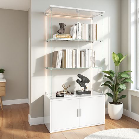 Vitrine 4 étages en trempé avec LED réglable, Vitrine en verre avec 2 portes à serrure pour collection, Meuble vitrine pour chambre, salon et salle à manger, 78 x 35 x 164 cm, Blanc (1/5)