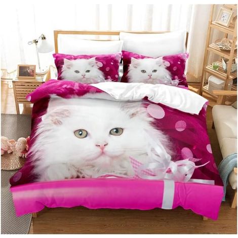 Parure de Lit Chat Imprimé Motif 90x190cm Housse de Couette avec 2 Taies d'oreiller 3D Animal Literie en Microfibre,rose - YCR (1/4)