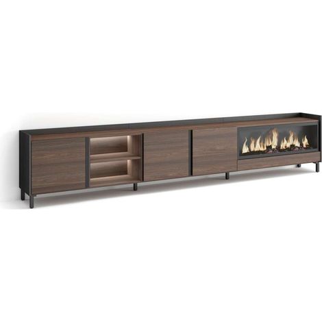 Mueble TV Benalmádena-02 de 315x61x35 cm con chimenea y luces LED, diseño industrial, color roble oscuro y negro (1/4)