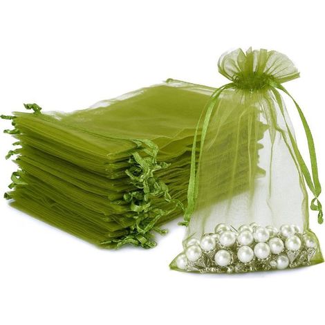 BelleRise - Lot de 100 sachet cadeaux en organza vert olive de taille moyenne (10 x 15 cm) avec cordon de serrage,dragées et bonbons de mariage (1/5)
