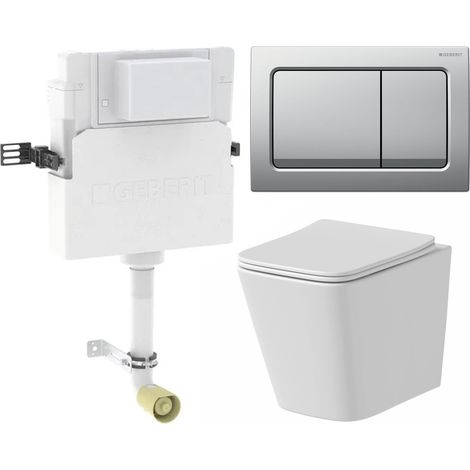 Rimless Back to Wall Square Toilet Geberit Concealed Cistern Plate Matt Chrome (1/5)