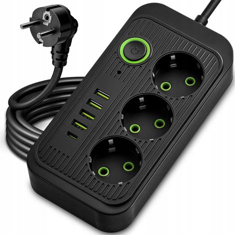 Dreifach-Steckdosenleiste mit 2 m Kabel und 5 USB-Anschlüssen (4 USB-Anschlüsse + 1 PD-Anschluss) – Multifunktionale Steckdose, schwarz