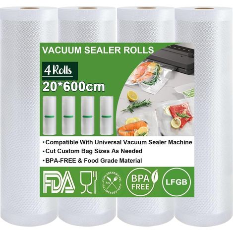 Rouleau Sous Vide Alimentaire, 20 x 600 cm Film Sous Vide Alimentaire 4 Rouleaux, Approuvé par la FDA, LFGB, Sac sous Vide Alimentaire, Compatible Avec la Scelleuse Sous Vide (1/5)