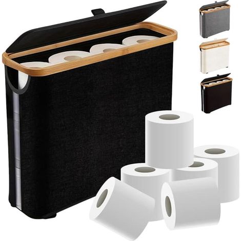 Organizzatore sottile per rotoli di carta igienica da bagno con coperchio, contiene 12 rotoli, organizer da bagno definitivo, base antiscivolo, nero, 30 litri (1/5)
