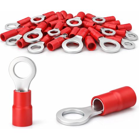 WEBMATEL 100 Terminales de Cable de Anillo Redondos Rojo M4 4mm  Parcialmente Aislados 0,5-1,5mm²  Conectores Eléctricos Tipo Anilla para Cables  (1/5)