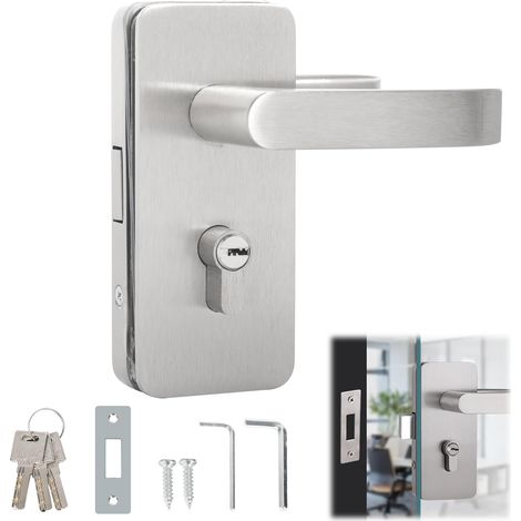 Serrure de porte en verre en acier inoxydable - Serrure simple avec poignée fixe - Verrou à cylindre - Avec clé uniquement - Pour portes en verre de 8 à 12 mm - Pour l'intérieur, le bureau (1/5)