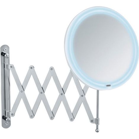 Miroir maquillage LED mural, avec bras télescopique, miroir grossissant x5, Ø 20 cm, Acier - Plastique, 20x34x55 cm, Chromé (1/2)