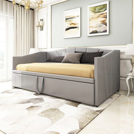 Lit - Canapé‑lit gigogne - 90/180x200 cm - Tissu velours gris - Sommier à lattes (sans matelas)