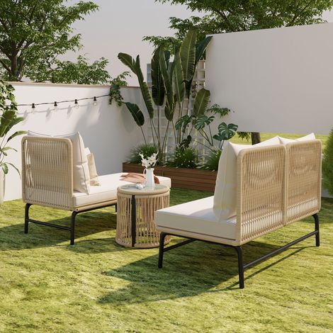 Ensemble de salon de jardin en corde tressée beige pour extérieur - Ensemble de conversation en L avec table structure en fer pour jardin terrasse balcon (1/5)