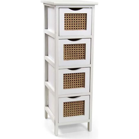 Schmale kommode aus holz mit 4 schubladen, 26 x 32 x 80 cm, weiß mit rattan-Elementen