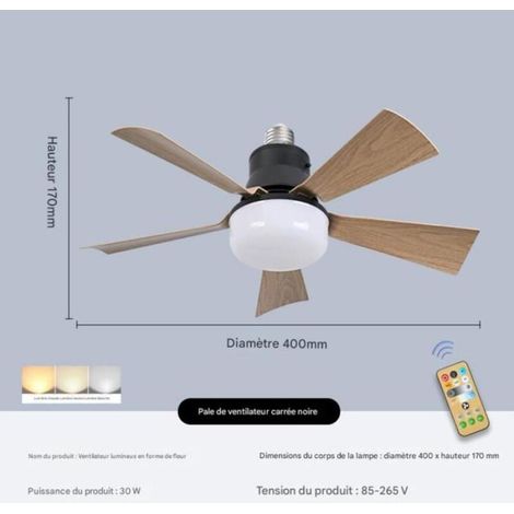 Ventilateur de plafond à pales carrées en bois avec douille à vis E27, silencieux, 30 W - Noir (1/4)