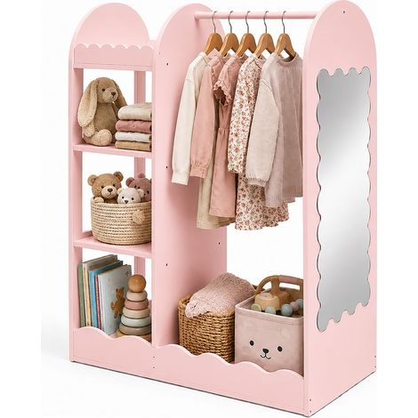 Relaxdays Kids Wardrobe Stand, Mirror, 5 Shelves, Coat Rail, HxWxD 100 x 94 x 38 cm, Pink (1/5)