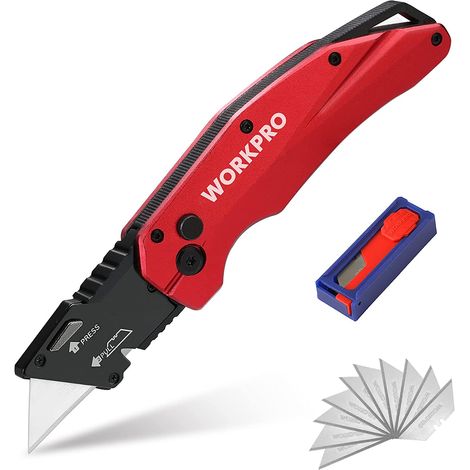 WORKPRO Cutter Professionnel Pliant, Cutter Utilitaire avec Mécanisme de Changement Rapide & Serrure Bouton, Cutter Argenté avec 10 Lames SK5 Supplémentaires, Idéal pour Coupe (1/5)