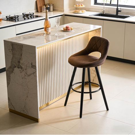 Sgabello bar in legno massello e tessuto marrone scuro, ergonomico e stabile (1/5)