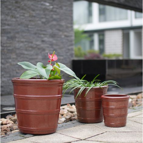 Set 3 vasi in ceramica 41,5x41,5x41,3 cm marrone scuro scanalati – MEUBLIV (1/5)