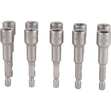 Lot de 10 douilles hexagonales en acier au chrome-vanadium magnétiques de 9 mm pour forets de perceuse électrique (1/5)