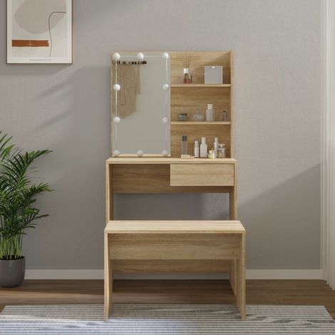 Ensemble de coiffeuse et Miroir + tabouret avec LED,Style Moderne Chêne Sonoma Bois d'ingénierie -BV58965 (1/5)
