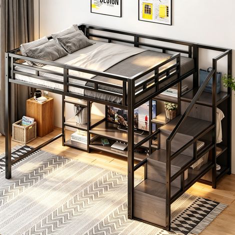 Bett Schlafbett platzsparend 140x200 Metall Schwarz OKMYHOME (1/5)
