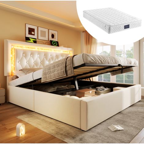 MEUBLIV Bett 140x200 cm Beige – LED, hydraulischer Stauraum und USB, mit Matratze (1/4)
