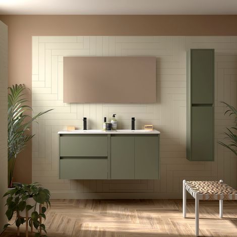 Badezimmermöbel NOJA 1200 2 Türen und 2 Schubladen GREEN SATIN + Waschtisch + Spiegel