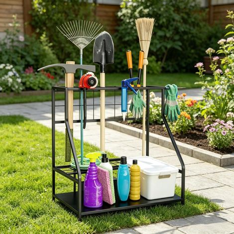 Organizzatore per attrezzi da giardino, porta attrezzi da garage a 3 livelli con ganci per riporre attrezzi da giardino e manuali a parete. (1/5)