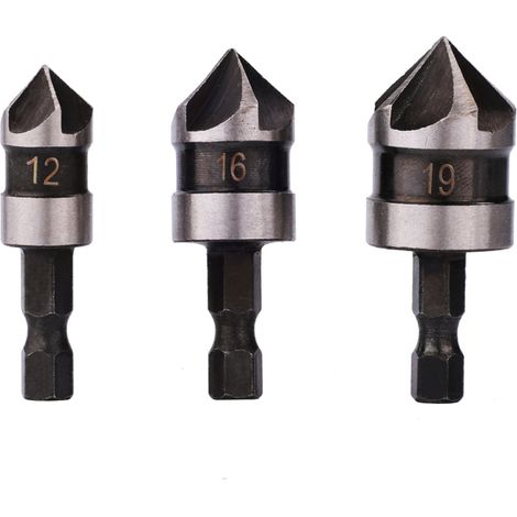 Brocas avellanadoras de 90°, vástago hexagonal de 6,35 mm (1/4 de pulgada), para madera y metal, cambio rápido, para biselar, juego de 3 (1/5)