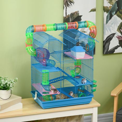Cage pour Hamster Souris Petit Animaux Rongeur avec Tunnel Mangeoire Roue Jouet 47 x 30 x 59 centimètres Bleu