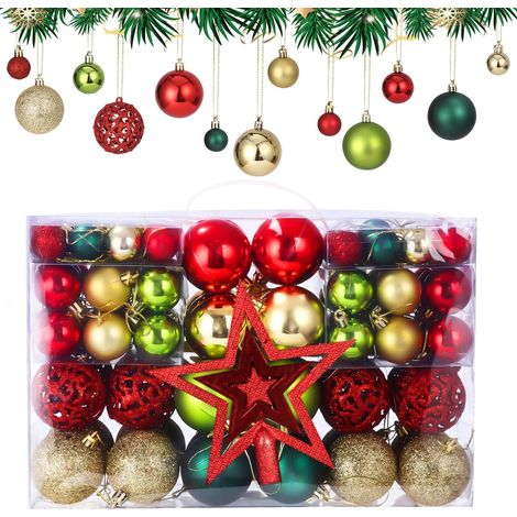Weihnachtskugel-Set, 101-teilig, Christbaumschmuck mit roten, goldenen und grünen Kugeln, mit sternförmiger Baumspitze, perfekt für die Weihnachtsdekoration im Innen- und Außenbereich