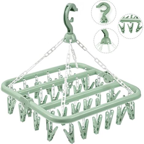 Sock Airer, Hanging Clothes Airer with 32 Clips, Indoor Outdoor Hanging Clothes Airer, Rotatable Folding Clothes Airer for Socks, Underwear and Small Clothes, Blue (1/5)