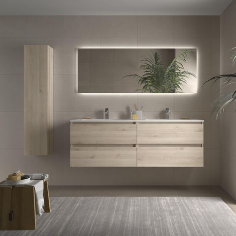 Meuble de salle de bain BEQUIA 160cm Naturel Vasque Vilna Solid Surface Centrale (1/4)