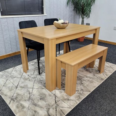 Dining Table and 2 Chairs With Bench Oak Effect Wood 2 Black Velvet Chairs Dining Room (1/5)
