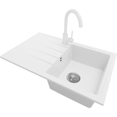 PRIMAGRAN Evier Cuisine en Granit 78x50cm, Lavabo 1 bac + Robinet 32x20cm + Kit de Vidage, Évier à Encastrer au meuble 45cm - Milan, Blanc (1/5)