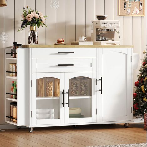 REDOM - Isola da cucina 138x70x90 cm, piano ribaltabile, 5 ruote con freno, molteplici vani portaoggetti, MDF naturale e bianco (1/5)